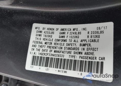 2017 Honda Accord Lx from USA, damaged, VIN 1HGCR2F33HA308030